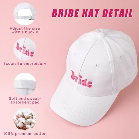 Edussy Bride Hat - Bride Accessories Gifts for Bachelorette Party, Bride to be Decorations White Adjustable Baseball Cap with Hot Pink Embroidery in Kuwait