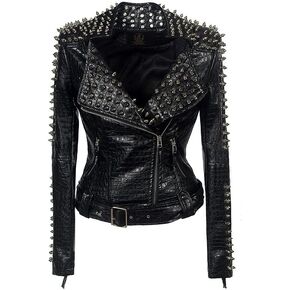 LC WANCHENG GLOBAL TRADE Women's Long Sleeves Slim Fit Motorcycle Coat Full Body Inlaid Rivets Sexy Punk Leather Jacket in Saudi Arabia