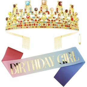AHONEY Green Birthday Tiara Crowns for Women Girls Sash Crown Crystal Princess Tiara Quinceanera Crown Rhinestone Headbands Birthday Gift Decorations Party Cosplay Accessories