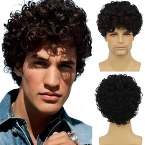 Amnenl Mens Short Curly Brown Black Wig with Bang 2Tone Cosplay Halloween Costume Party Wig Natural Synthetic Hair Wigs for Men in Kuwait
