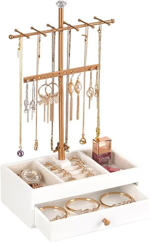 منظم حامل المجوهرات من OLACHIKKO، منظم مجوهرات ذهبي وردي مع صندوق تخزين درج خشبي، حامل قلادة معدنية للبائعين، حامل مجوهرات للخواتم والقلادة والسوار والقلادة in Kuwait