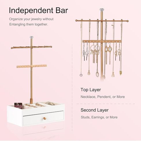 منظم حامل المجوهرات من OLACHIKKO، منظم مجوهرات ذهبي وردي مع صندوق تخزين درج خشبي، حامل قلادة معدنية للبائعين، حامل مجوهرات للخواتم والقلادة والسوار والقلادة in Kuwait