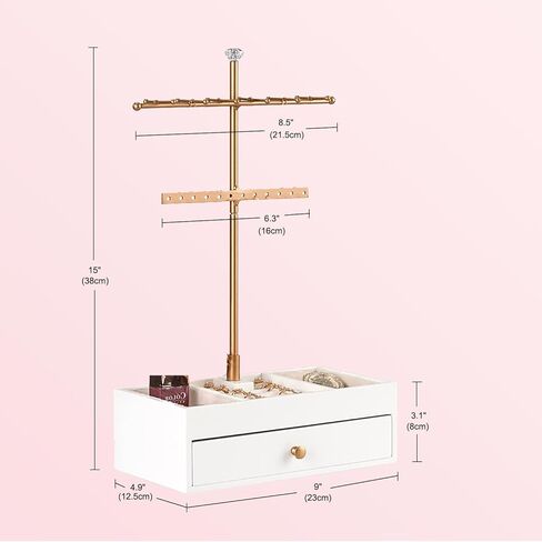 منظم حامل المجوهرات من OLACHIKKO، منظم مجوهرات ذهبي وردي مع صندوق تخزين درج خشبي، حامل قلادة معدنية للبائعين، حامل مجوهرات للخواتم والقلادة والسوار والقلادة in Kuwait