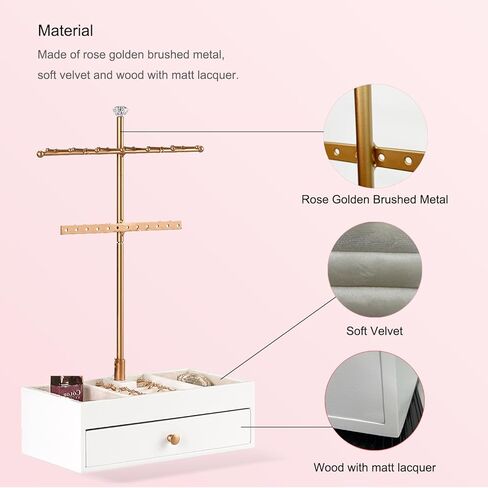 منظم حامل المجوهرات من OLACHIKKO، منظم مجوهرات ذهبي وردي مع صندوق تخزين درج خشبي، حامل قلادة معدنية للبائعين، حامل مجوهرات للخواتم والقلادة والسوار والقلادة in Kuwait
