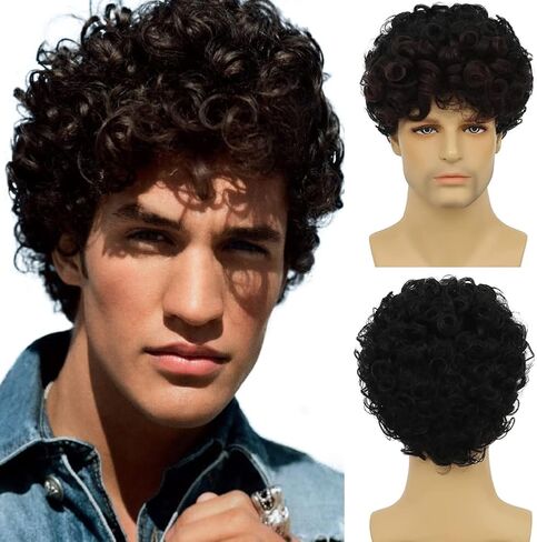 Amnenl Mens Short Curly Brown Black Wig with Bang 2Tone Cosplay Halloween Costume Party Wig Natural Synthetic Hair Wigs for Men in Kuwait