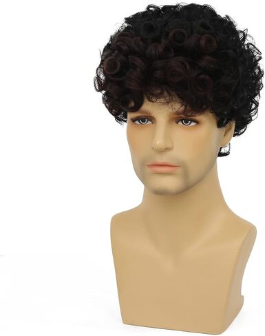 Amnenl Mens Short Curly Brown Black Wig with Bang 2Tone Cosplay Halloween Costume Party Wig Natural Synthetic Hair Wigs for Men in Kuwait