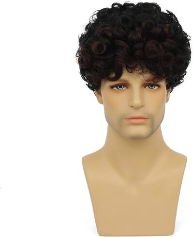 Amnenl Mens Short Curly Brown Black Wig with Bang 2Tone Cosplay Halloween Costume Party Wig Natural Synthetic Hair Wigs for Men in Kuwait
