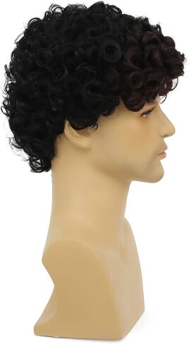 Amnenl Mens Short Curly Brown Black Wig with Bang 2Tone Cosplay Halloween Costume Party Wig Natural Synthetic Hair Wigs for Men in Kuwait