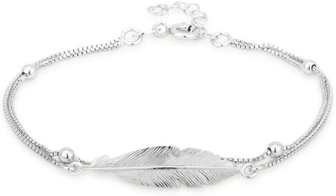 Vanbelle Sterling Silver Jewelry - Rhodium Plated with 925 Stamp - Double Layered Feather Charm Bracelet - Elegant handcrafted for Women - 6.5" long + 1" extender in Kuwait