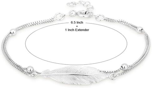 Vanbelle Sterling Silver Jewelry - Rhodium Plated with 925 Stamp - Double Layered Feather Charm Bracelet - Elegant handcrafted for Women - 6.5" long + 1" extender in Kuwait