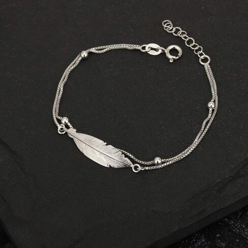 Vanbelle Sterling Silver Jewelry - Rhodium Plated with 925 Stamp - Double Layered Feather Charm Bracelet - Elegant handcrafted for Women - 6.5" long + 1" extender in Kuwait