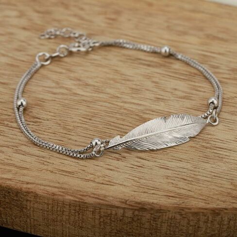 Vanbelle Sterling Silver Jewelry - Rhodium Plated with 925 Stamp - Double Layered Feather Charm Bracelet - Elegant handcrafted for Women - 6.5" long + 1" extender in Kuwait