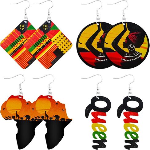 MAQVQLU African Earrings for Women Wooden Map Painted Dangle Earrings for Black Girls Black History Month Earrings in Saudi Arabia
