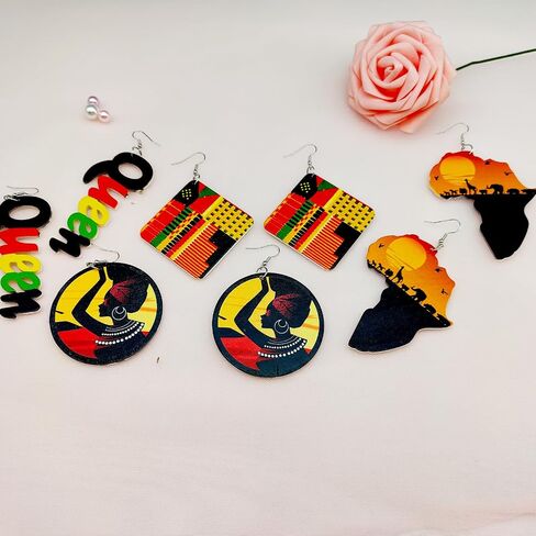 MAQVQLU African Earrings for Women Wooden Map Painted Dangle Earrings for Black Girls Black History Month Earrings in Saudi Arabia