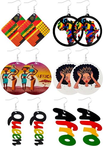 MAQVQLU African Earrings for Women Wooden Map Painted Dangle Earrings for Black Girls Black History Month Earrings in Saudi Arabia
