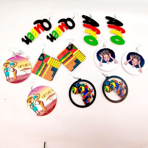MAQVQLU African Earrings for Women Wooden Map Painted Dangle Earrings for Black Girls Black History Month Earrings in Saudi Arabia