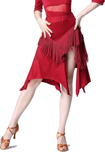 تنانير رقص السالسا اللاتينية من ELLYDOOR للنساء، تنانير قاعة الرقص المنقسمة ذات شراشيب لأداء تمارين الرقص in Kuwait