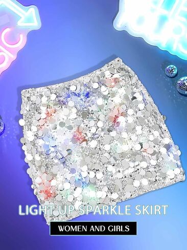 REETAN Light up Sequin Sparkly Skirts LED Music Dance Skirt Rave Club Disco Skirt Costume for Women and Girls in Kuwait
