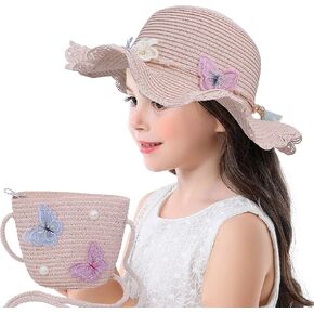 قبعات الشاطئ Bienvenu للفتيات، قبعة من القش مع حقيبة كتف للأطفال، مجموعة قبعات ديربي in Kuwait