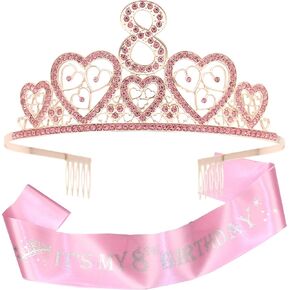 وشاح وتاج عيد الميلاد الثامن للفتيات - وشاح لامع رائع + تاج معدني فاخر من حجر الراين باللون الوردي للفتيات، هدايا عيد الميلاد الثامن لحفلة الأميرة in Kuwait