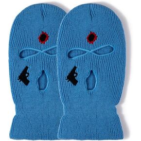 2 Pieces 3-Hole Knitted Ski Mask Embroidery Full Face Cover Thermal Balaclava Neck Warmer Mask Hat Outdoor Riding Cycling
