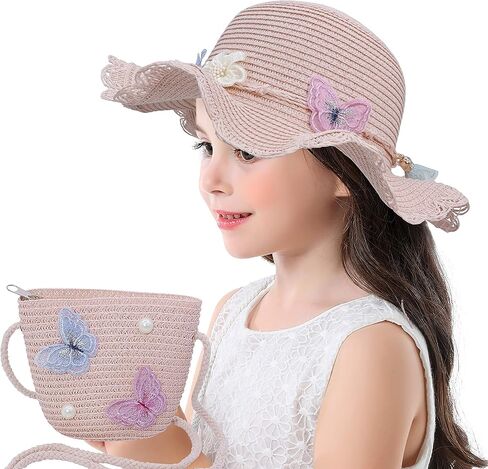 قبعات الشاطئ Bienvenu للفتيات، قبعة من القش مع حقيبة كتف للأطفال، مجموعة قبعات ديربي in Kuwait