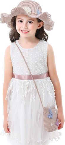 قبعات الشاطئ Bienvenu للفتيات، قبعة من القش مع حقيبة كتف للأطفال، مجموعة قبعات ديربي in Kuwait
