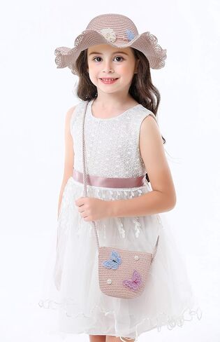 قبعات الشاطئ Bienvenu للفتيات، قبعة من القش مع حقيبة كتف للأطفال، مجموعة قبعات ديربي in Kuwait