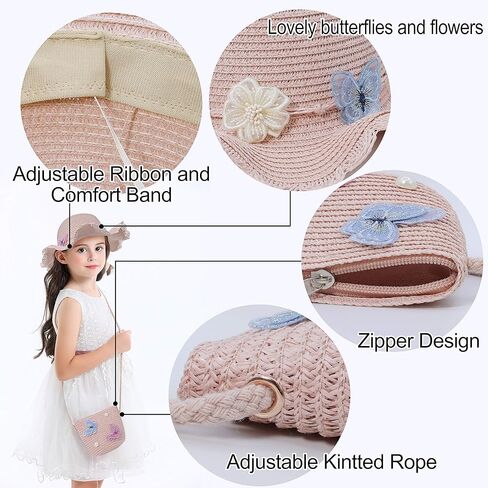 قبعات الشاطئ Bienvenu للفتيات، قبعة من القش مع حقيبة كتف للأطفال، مجموعة قبعات ديربي in Kuwait