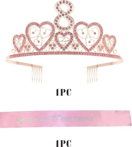 وشاح وتاج عيد الميلاد الثامن للفتيات - وشاح لامع رائع + تاج معدني فاخر من حجر الراين باللون الوردي للفتيات، هدايا عيد الميلاد الثامن لحفلة الأميرة in Kuwait