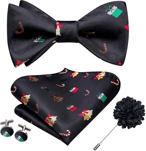 Hi-Tie Christmas Bowtie for Men Self Bow Tie Lapel Pin Sets Pocket Square Cufflinks Silk Xmas Party Festival in Kuwait