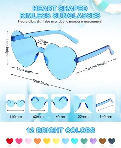 هاي توب 12 زوجًا من النظارات الشمسية على شكل قلب الحب بدون اطار شفافة بدون اطار بالوان الحلوى المرحة، نظارات شمسية متنوعة عصرية على شكل قلب لهدايا الحفلات in Kuwait