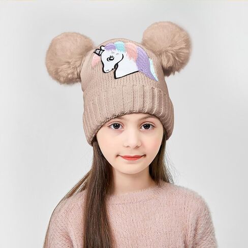 قبعة صغيرة شتوية بتصميم يونيكورن للفتيات الصغيرات، قبعة بوم بوم محبوكة مبتكرة للطقس البارد، قبعة تزلج لعمر 4-12 سنة in Kuwait