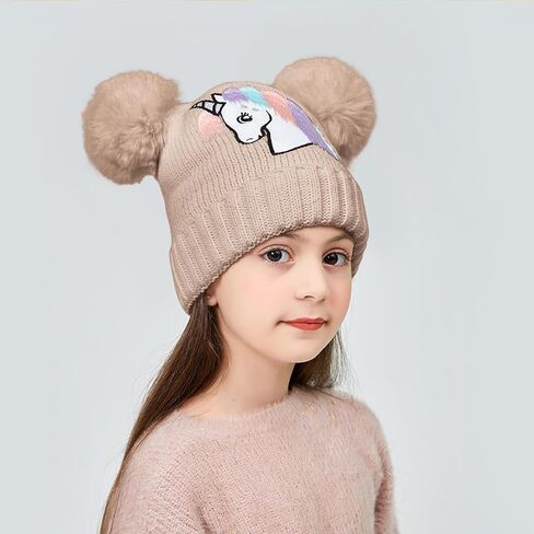 قبعة صغيرة شتوية بتصميم يونيكورن للفتيات الصغيرات، قبعة بوم بوم محبوكة مبتكرة للطقس البارد، قبعة تزلج لعمر 4-12 سنة in Kuwait