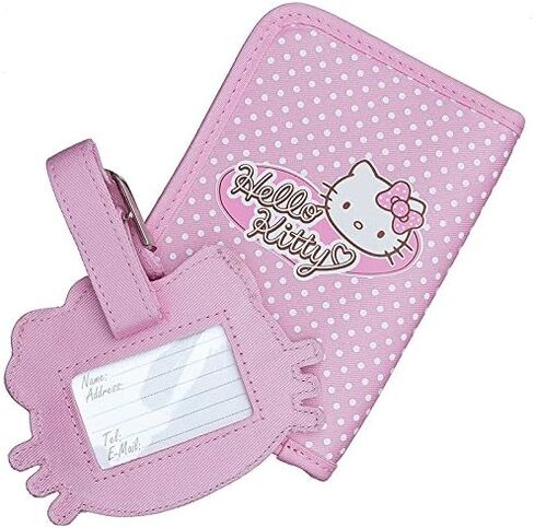 مجموعة حامل جواز السفر وبطاقات الأمتعة بتصميم منقط باصدار محدود من هالو كيتي مع صندوق هدايا، زهري، مقاس واحد in Kuwait