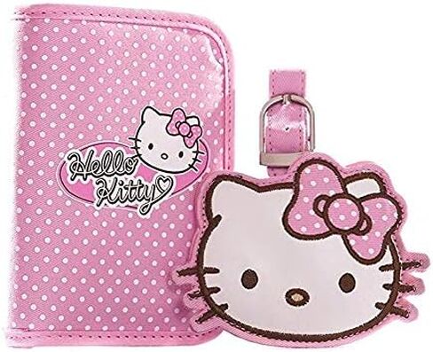 مجموعة حامل جواز السفر وبطاقات الأمتعة بتصميم منقط باصدار محدود من هالو كيتي مع صندوق هدايا، زهري، مقاس واحد in Kuwait