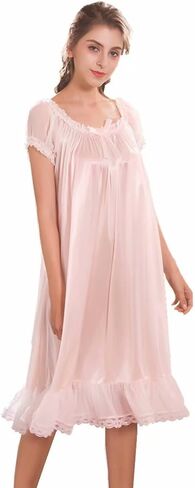 Women's Nightgowns Short Sleeve Satin Silk Plus Size Pink Victorian Nightdress in Saudi Arabia