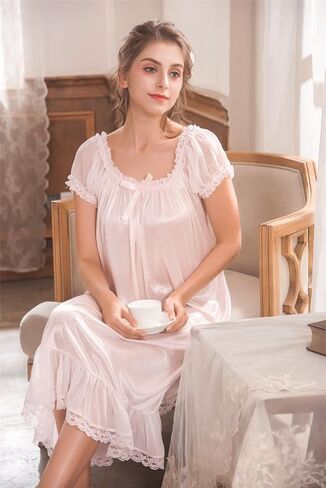 Women's Nightgowns Short Sleeve Satin Silk Plus Size Pink Victorian Nightdress in Saudi Arabia