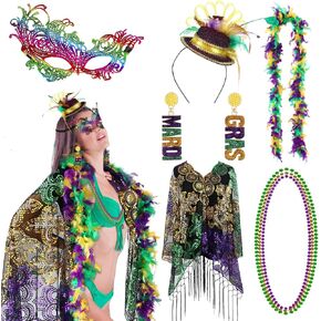 Shihanee 8 Pcs Mardi Gras Costume Accessories Set Shawl Scarf Headband Mask Feather Boa Bead Necklace Earrings for Women in Kuwait