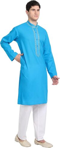 طقم بيجامة SKAVIJ Kurta للرجال من القطن المطرز كاجوال للحفلات in Saudi Arabia