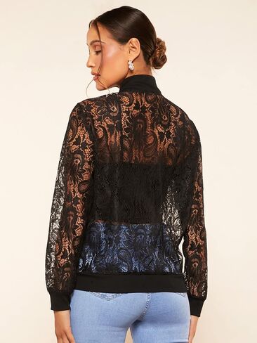 Verdusa Women's Sheer Floral Lace Long Sleeve Zip Up Baseball Jacket Coat in Saudi Arabia