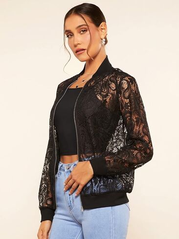 Verdusa Women's Sheer Floral Lace Long Sleeve Zip Up Baseball Jacket Coat in Saudi Arabia