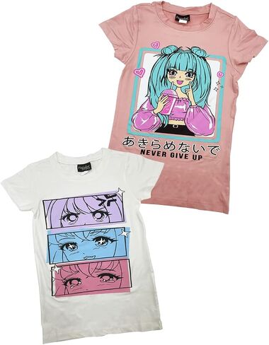 MISS POPULAR Girls 2-Pack Anime Japanese Art Print Super Soft Short Sleeve T-Shirts Cute Design| Sizes 7-16 in Saudi Arabia