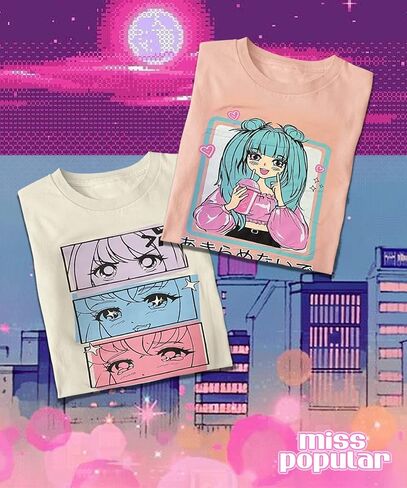 MISS POPULAR Girls 2-Pack Anime Japanese Art Print Super Soft Short Sleeve T-Shirts Cute Design| Sizes 7-16 in Saudi Arabia