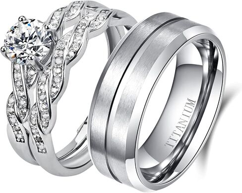 LOVERSRING Couple Ring Bridal Set His Hers White Gold Plated CZ Stainless Steel Wedding Ring Band Set in Saudi Arabia