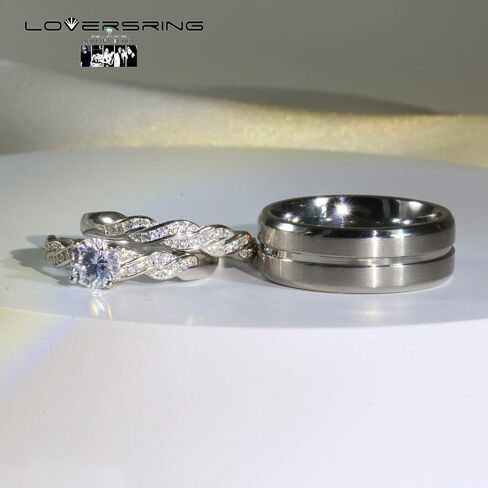 LOVERSRING Couple Ring Bridal Set His Hers White Gold Plated CZ Stainless Steel Wedding Ring Band Set in Saudi Arabia