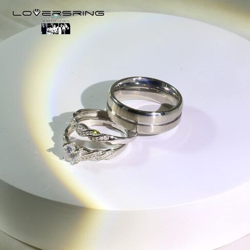 LOVERSRING Couple Ring Bridal Set His Hers White Gold Plated CZ Stainless Steel Wedding Ring Band Set in Saudi Arabia