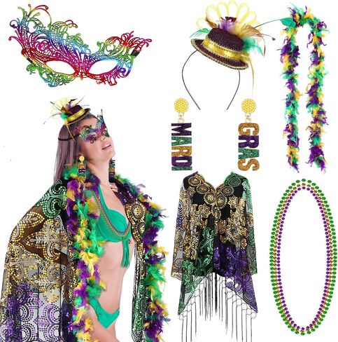 Shihanee 8 Pcs Mardi Gras Costume Accessories Set Shawl Scarf Headband Mask Feather Boa Bead Necklace Earrings for Women in Kuwait