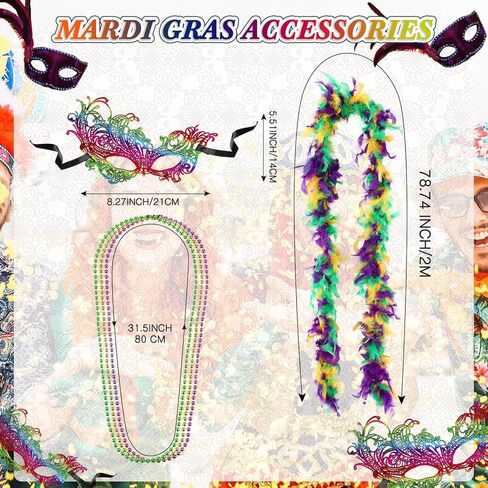 Shihanee 8 Pcs Mardi Gras Costume Accessories Set Shawl Scarf Headband Mask Feather Boa Bead Necklace Earrings for Women in Kuwait