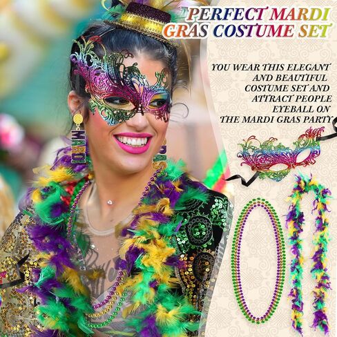 Shihanee 8 Pcs Mardi Gras Costume Accessories Set Shawl Scarf Headband Mask Feather Boa Bead Necklace Earrings for Women in Kuwait